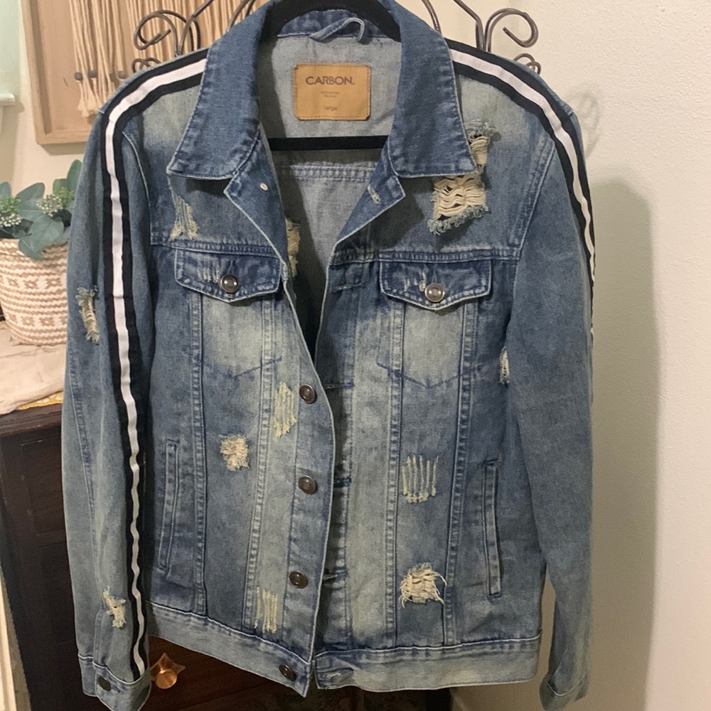 Carbon Trucker Jacket Men's Large Blue Jean Cotton Denim Striped Distressed.